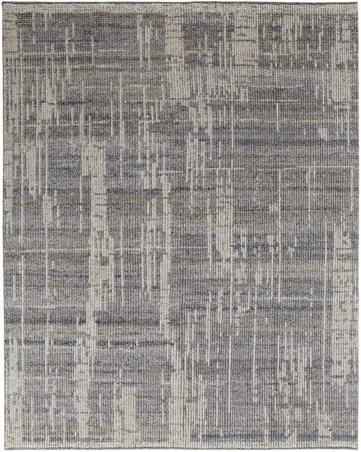 12' X 15' Gray and Ivory Wool Abstract Hand Knotted Worn Faded Area Rug
