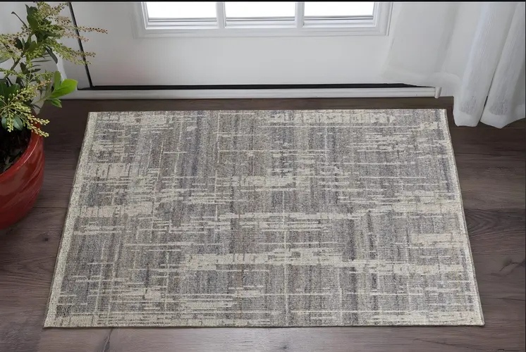 2' X 3' Gray and Ivory Wool Abstract Hand Knotted Worn Faded Area Rug