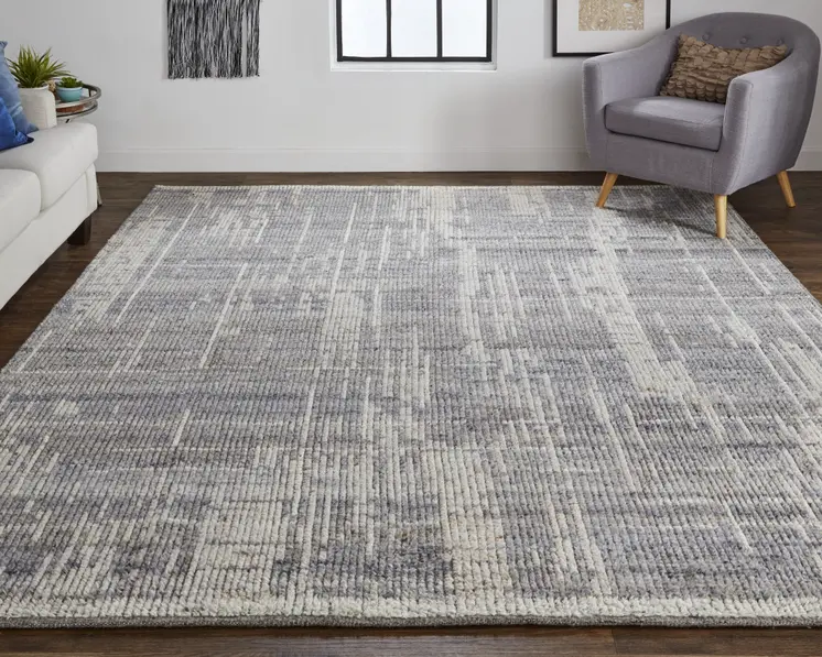 2' X 3' Gray and Ivory Wool Abstract Hand Knotted Worn Faded Area Rug