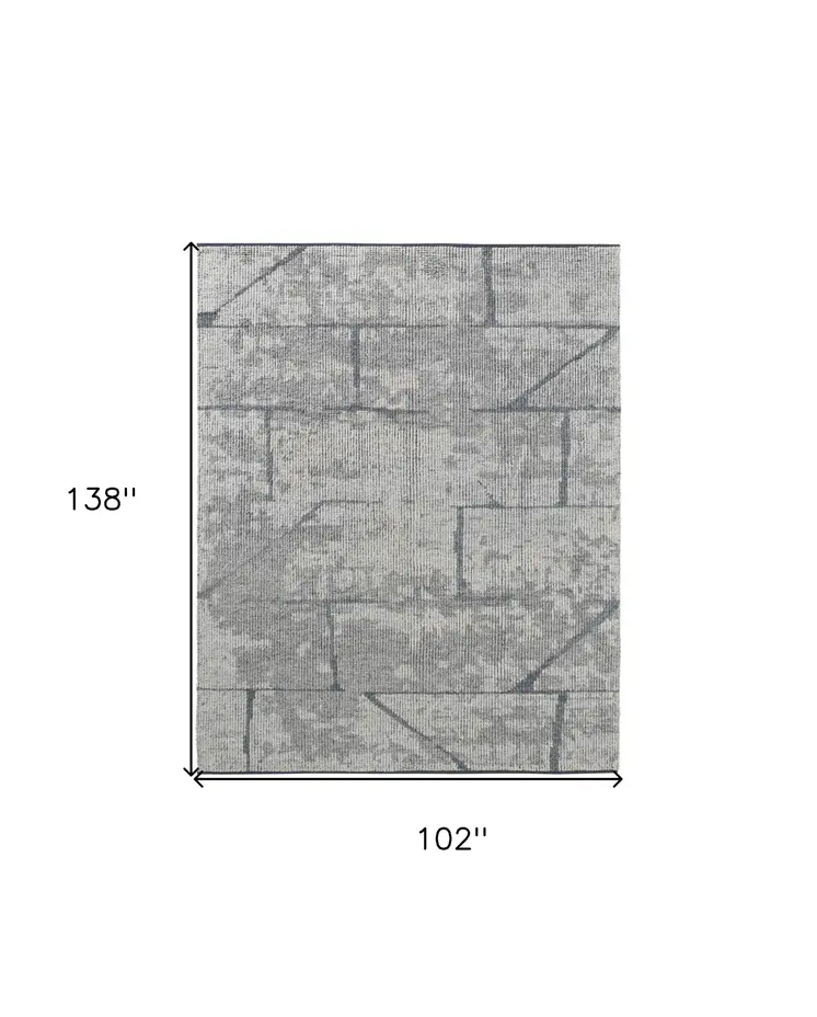 8' X 12' Gray and Silver Wool Abstract Hand Knotted Worn Faded Area Rug
