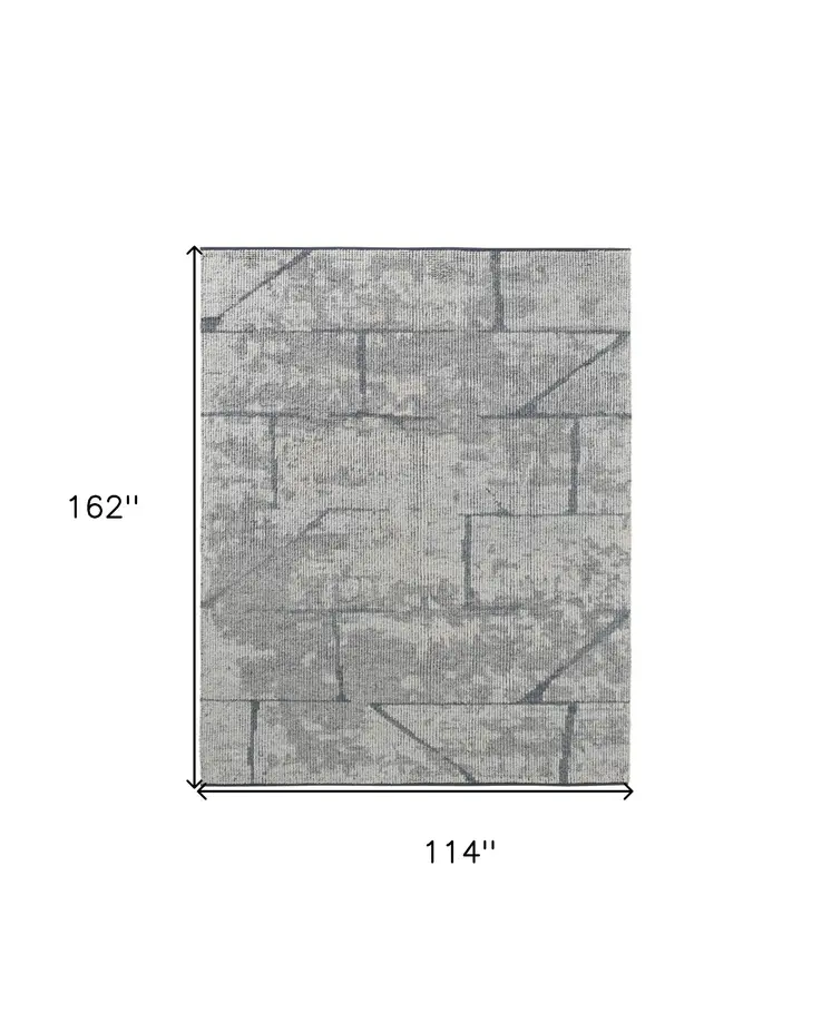 9' X 13' Gray and Silver Wool Abstract Hand Knotted Worn Faded Area Rug