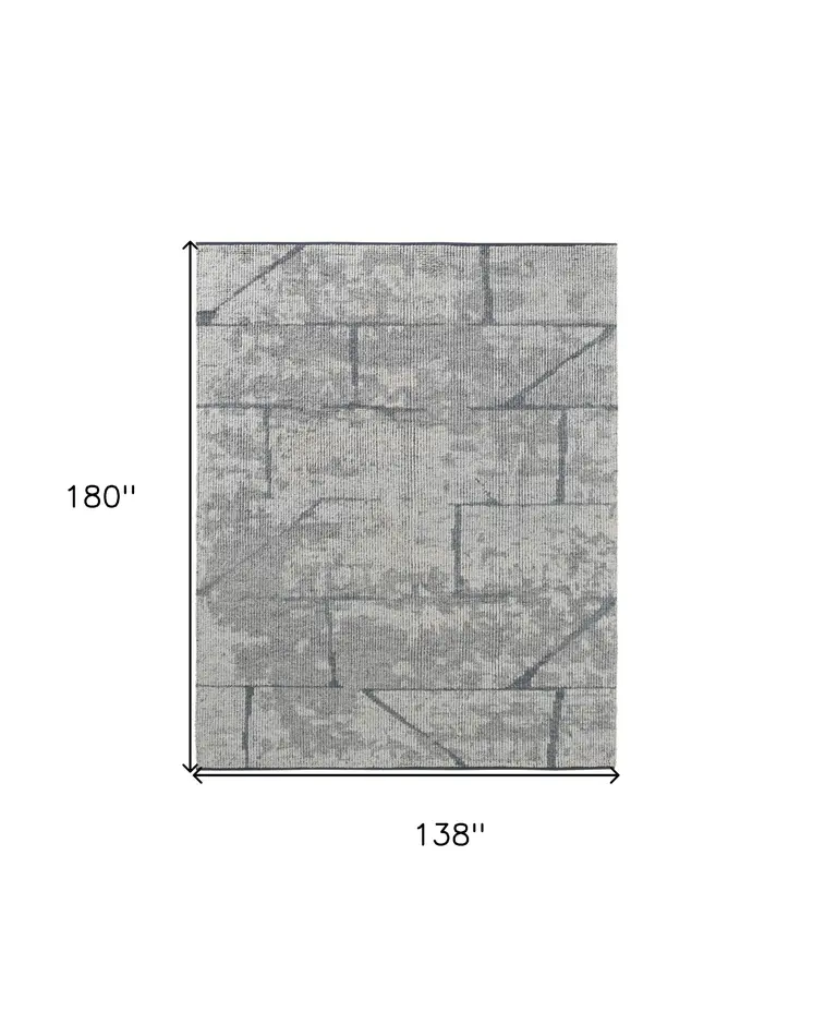 12' X 15' Gray and Silver Wool Abstract Hand Knotted Worn Faded Area Rug