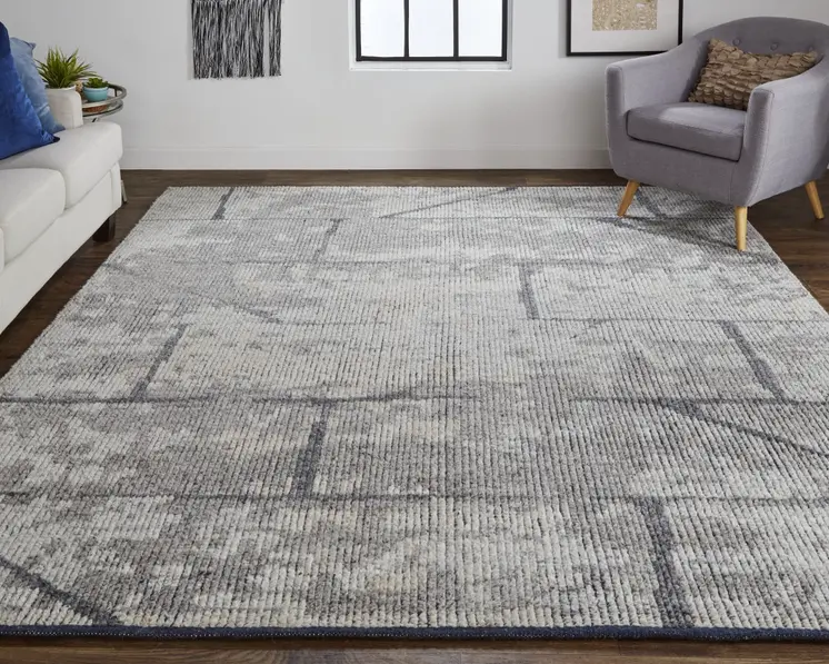 2' X 3' Gray and Silver Wool Abstract Hand Knotted Worn Faded Area Rug