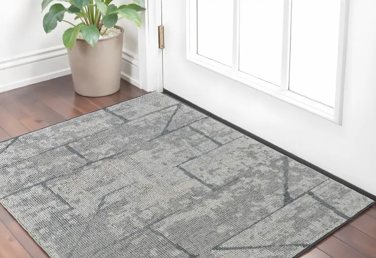 2' X 3' Gray and Silver Wool Abstract Hand Knotted Worn Faded Area Rug