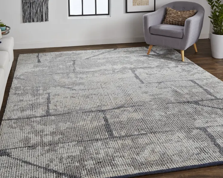 2' X 3' Gray and Silver Wool Abstract Hand Knotted Worn Faded Area Rug
