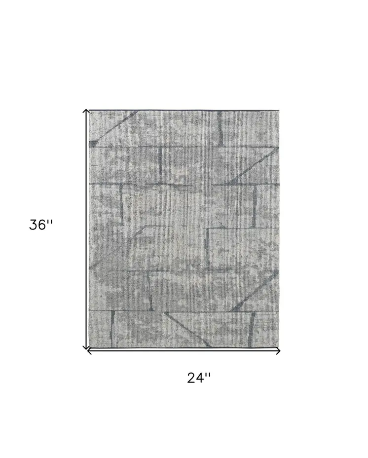 2' X 3' Gray and Silver Wool Abstract Hand Knotted Worn Faded Area Rug