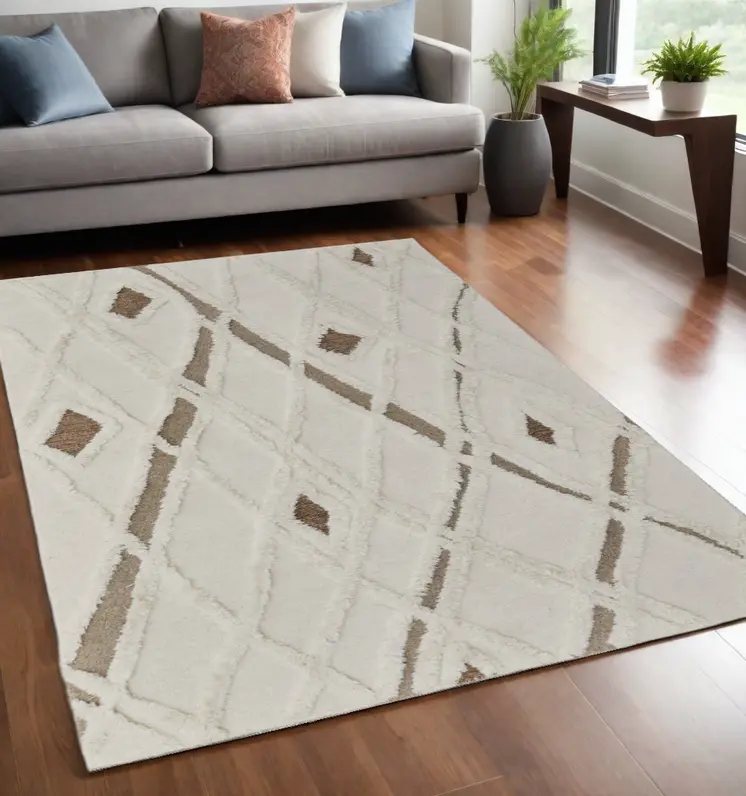 5' X 8' Ivory Taupe and Brown Wool Geometric Hand Tufted Area Rug