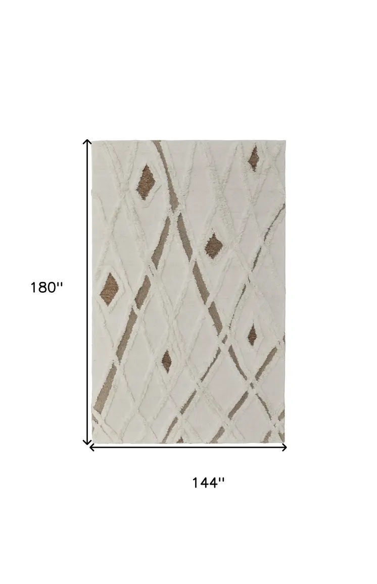12' X 15' Ivory Taupe and Brown Wool Geometric Hand Tufted Area Rug