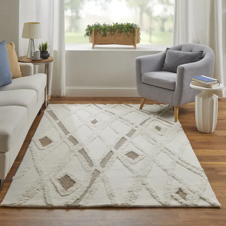 2' X 3' Ivory Taupe and Brown Wool Geometric Hand Tufted Area Rug