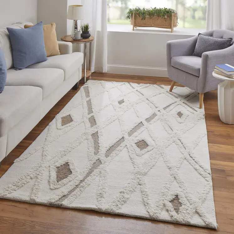 2' X 3' Ivory Taupe and Brown Wool Geometric Hand Tufted Area Rug
