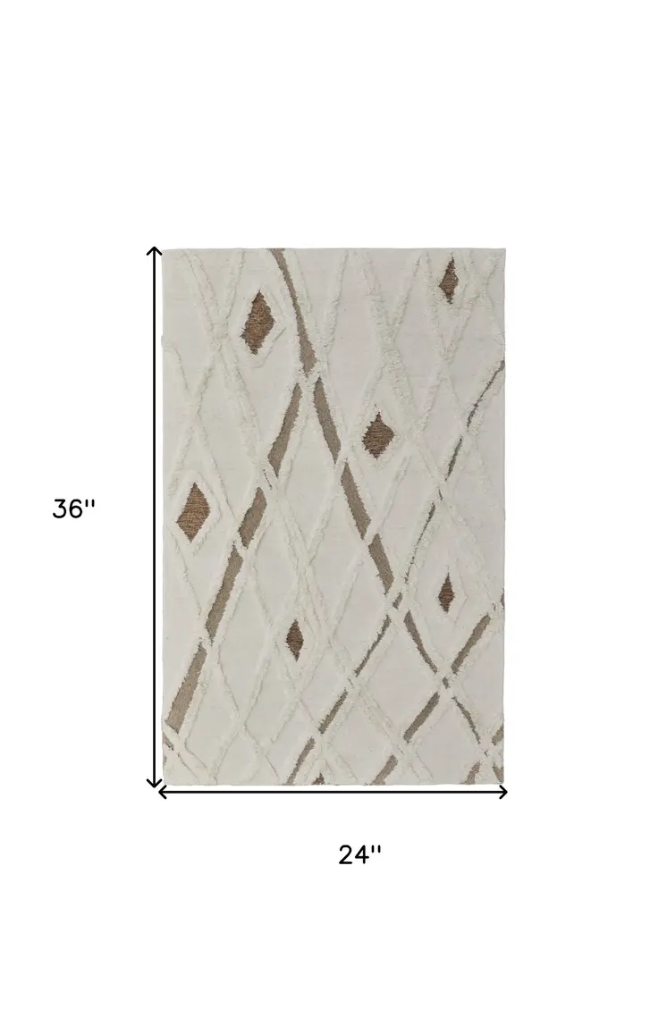 2' X 3' Ivory Taupe and Brown Wool Geometric Hand Tufted Area Rug
