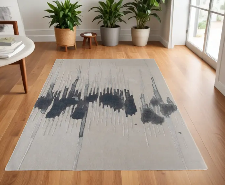 4' X 6' Gray Ivory and Blue Abstract Hand Tufted Area Rug