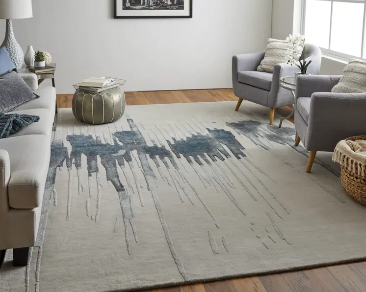 9' X 12' Gray Ivory and Blue Abstract Hand Tufted Area Rug