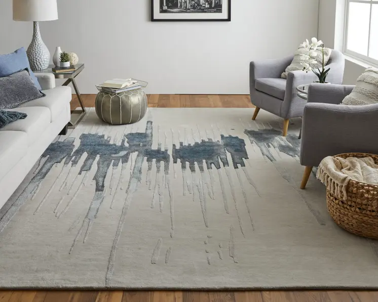 9' X 12' Gray Ivory and Blue Abstract Hand Tufted Area Rug
