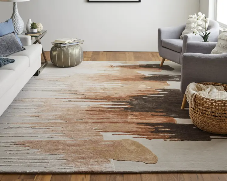2' X 3' Tan Brown and Orange Abstract Hand Tufted Area Rug
