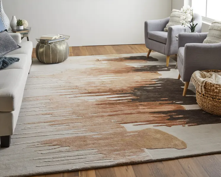 2' X 3' Tan Brown and Orange Abstract Hand Tufted Area Rug