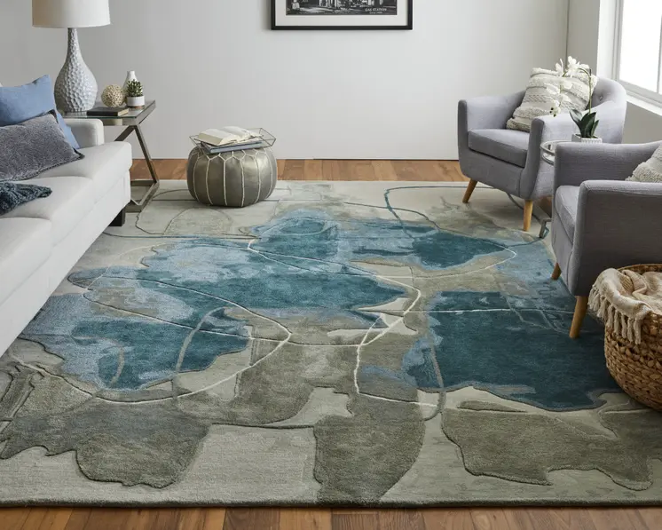 5' X 8' Blue and Gray Abstract Hand Tufted Area Rug