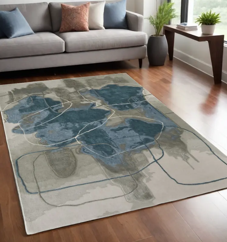 5' X 8' Blue and Gray Abstract Hand Tufted Area Rug