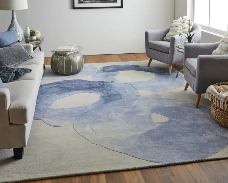 12' X 15' Blue and Ivory Abstract Hand Tufted Area Rug