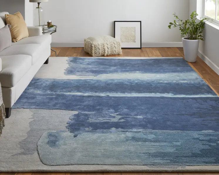 8' X 10' Blue and Ivory Abstract Hand Tufted Area Rug