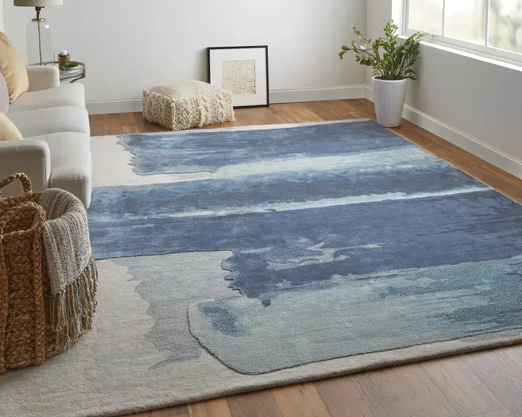 8' X 10' Blue and Ivory Abstract Hand Tufted Area Rug