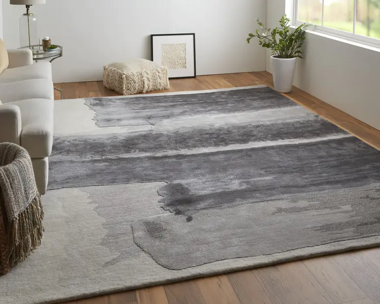 10' X 14' Dark Gray and Ivory Abstract Hand Tufted Area Rug