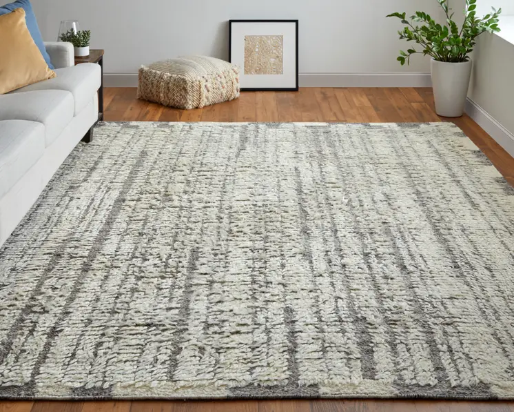 6' X 9' Gray and Ivory Wool Striped Hand Woven Area Rug
