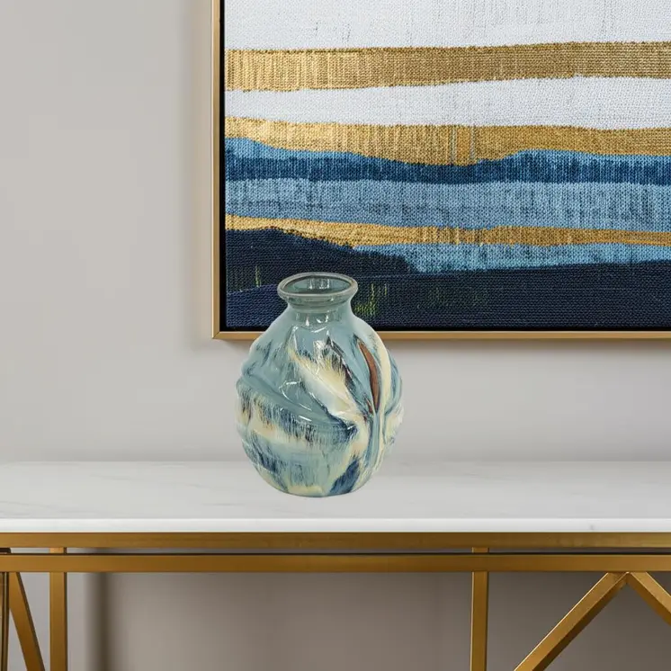 11" Beige Blue And Brown Abstract Round Ceramic Table Vase
