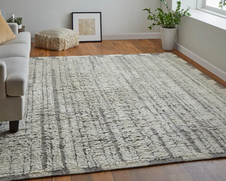 2' X 3' Gray and Ivory Wool Striped Hand Woven Area Rug