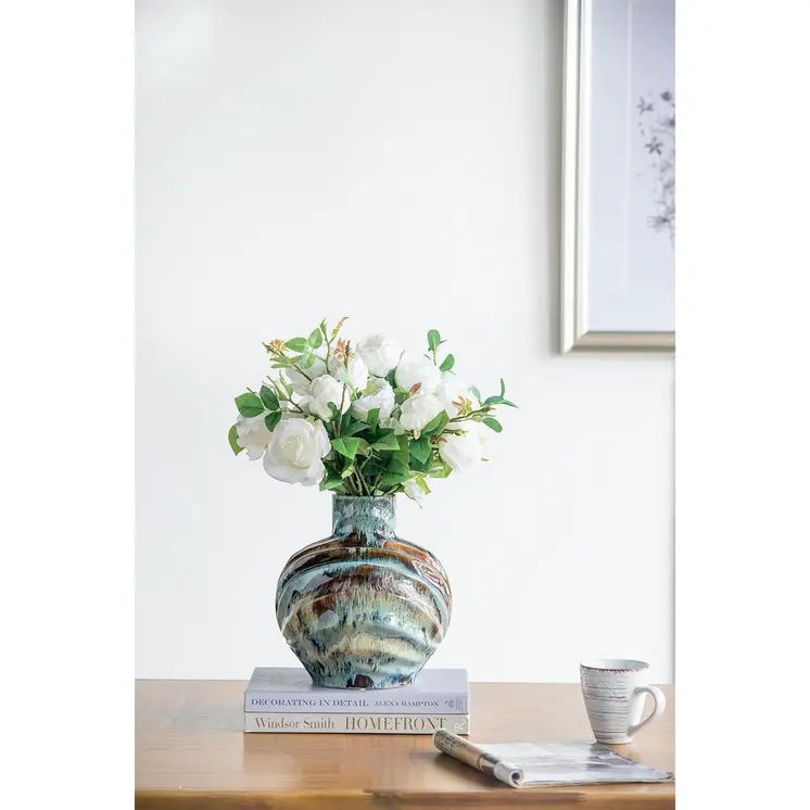 11" Blue Beige And Brown Abstract Wavy Ceramic Table Vase