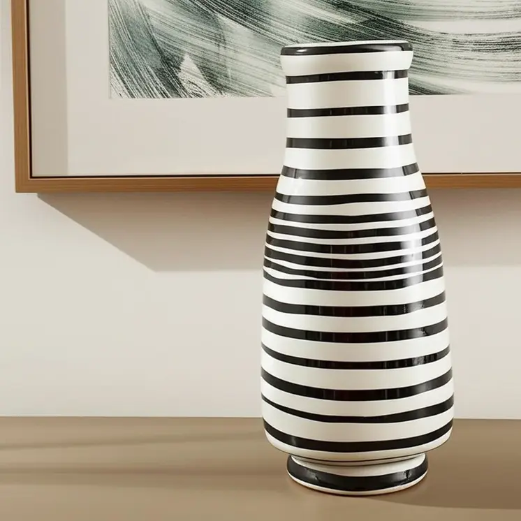 18" Black And White Striped Round Ceramic Table Vase