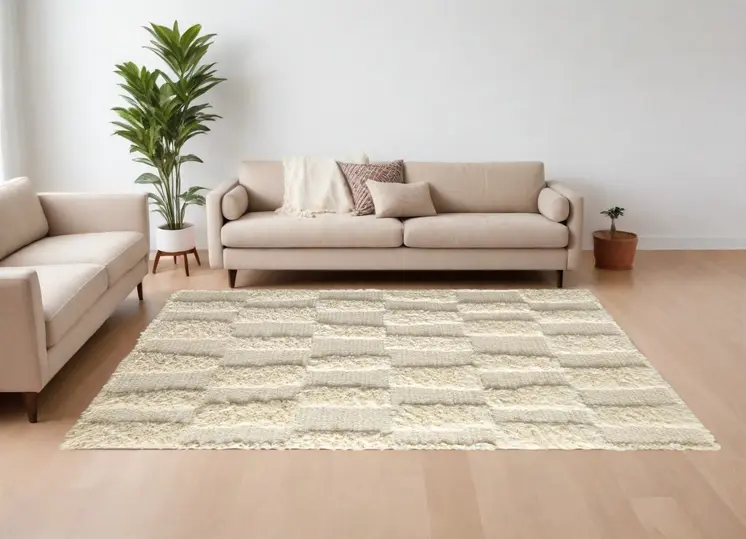 6' X 9' Ivory Wool Geometric Hand Woven Area Rug