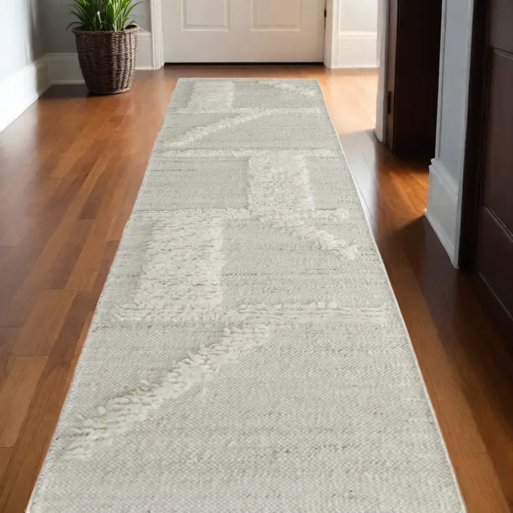 10' Tan and Ivory Wool Geometric Hand Woven Runner Rug