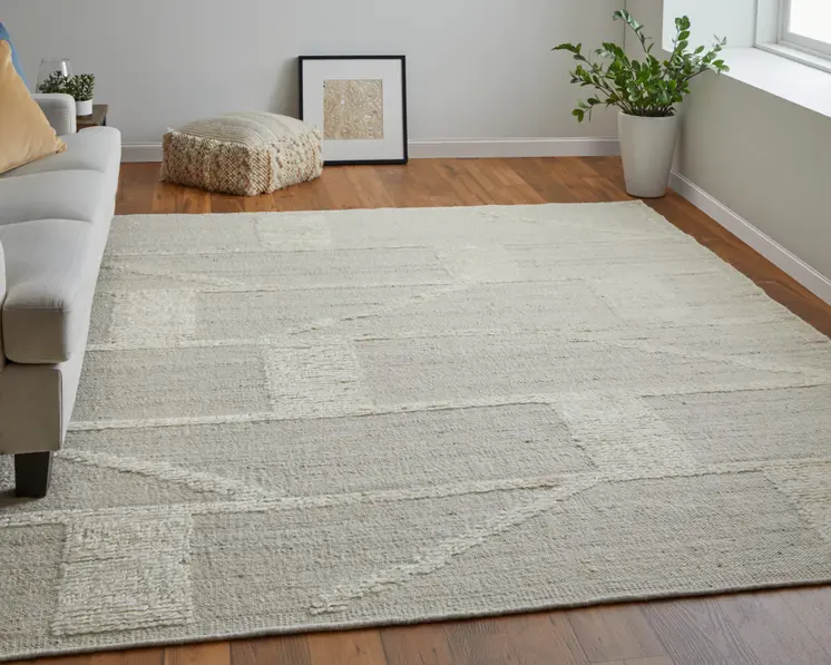 2' X 3' Tan and Ivory Wool Geometric Hand Woven Area Rug
