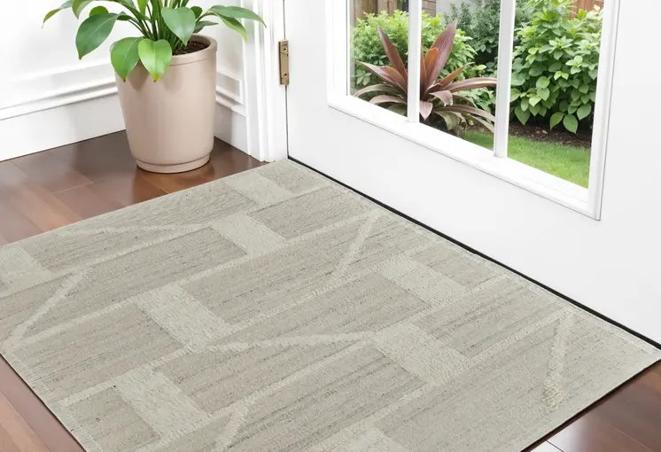 2' X 3' Tan and Ivory Wool Geometric Hand Woven Area Rug