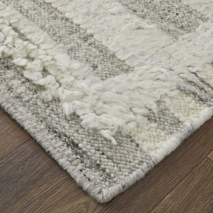 10' Gray and Ivory Wool Geometric Hand Woven Runner Rug