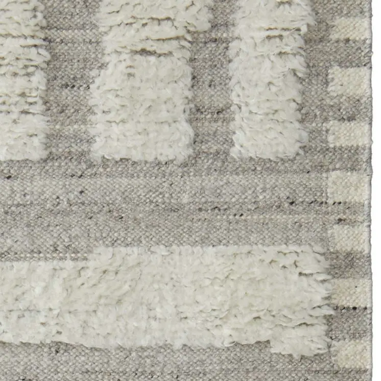 10' Gray and Ivory Wool Geometric Hand Woven Runner Rug