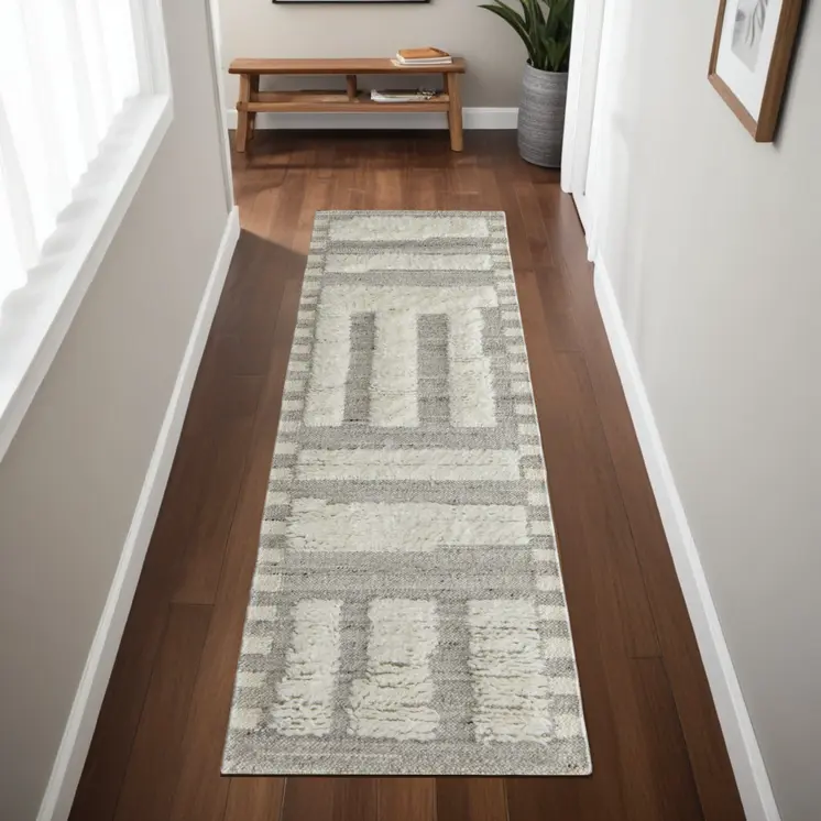 8' Gray and Ivory Wool Geometric Hand Woven Runner Rug