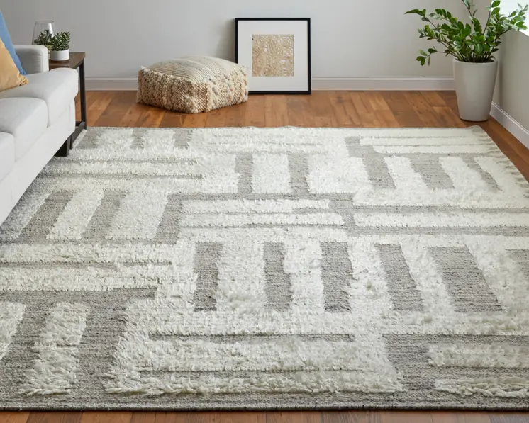 2' X 3' Gray and Ivory Wool Geometric Hand Woven Area Rug