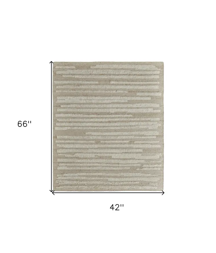 4' X 6' White and Tan Wool Striped Hand Woven Area Rug