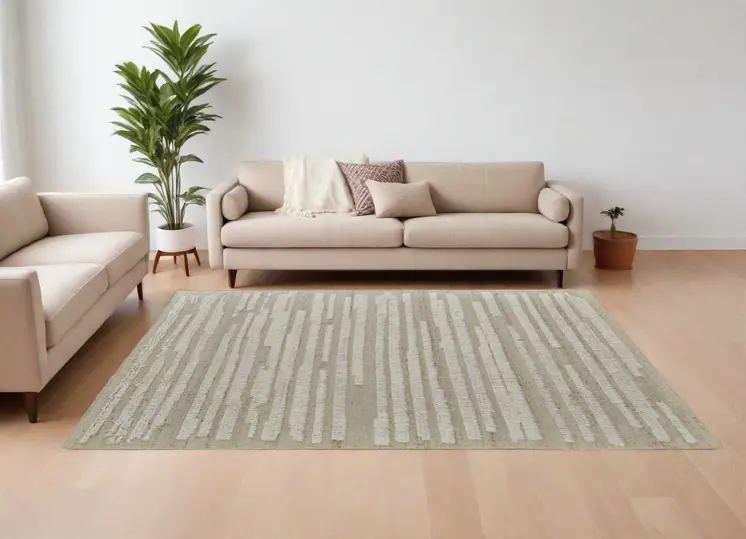 6' X 9' White and Tan Wool Striped Hand Woven Area Rug