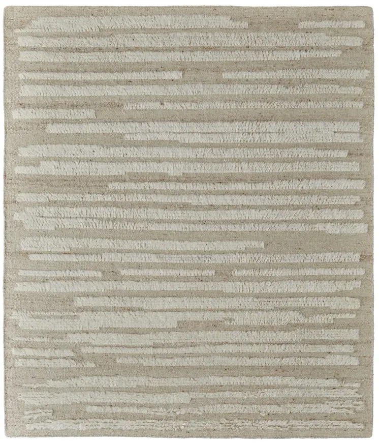 9' X 13' White and Tan Wool Striped Hand Woven Area Rug