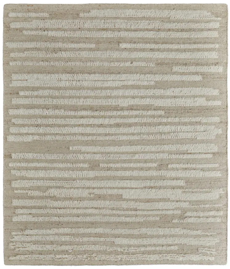 9' X 13' White and Tan Wool Striped Hand Woven Area Rug