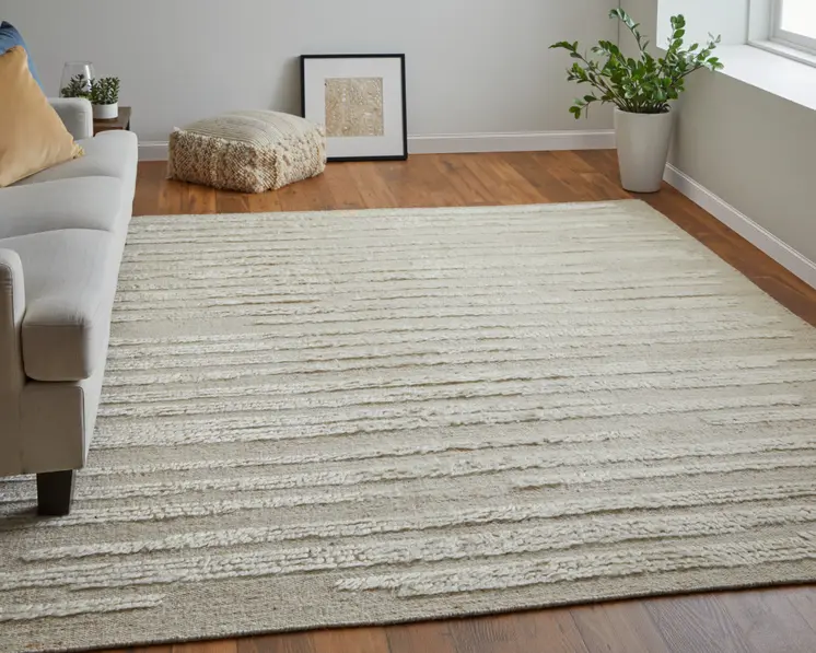 2' X 3' White and Tan Wool Striped Hand Woven Area Rug