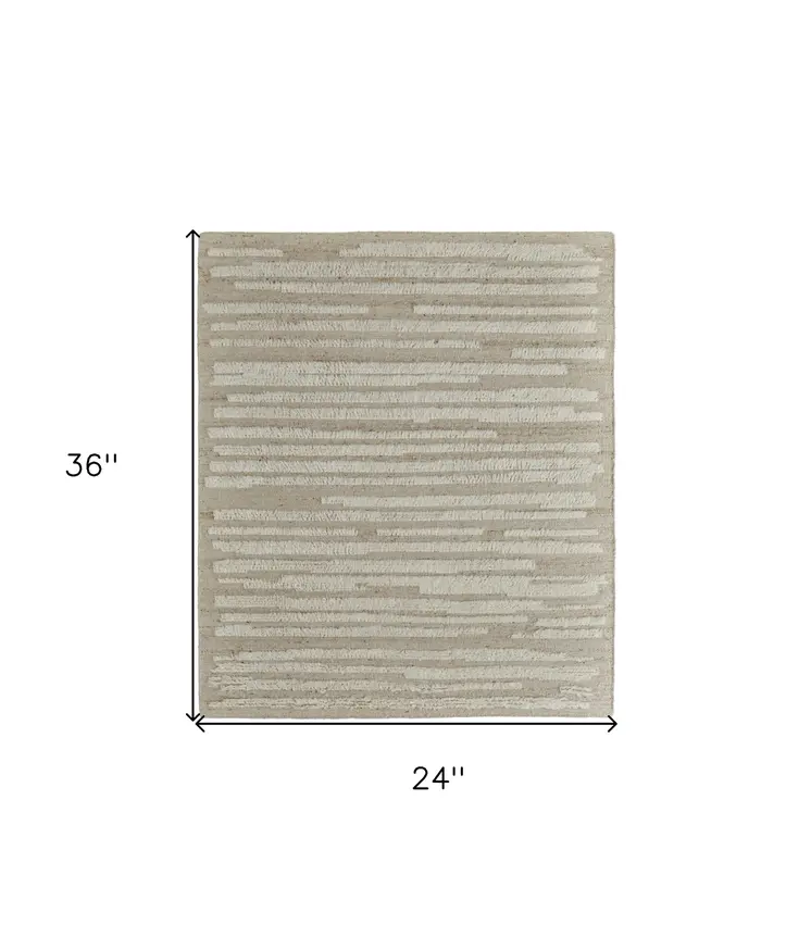 2' X 3' White and Tan Wool Striped Hand Woven Area Rug