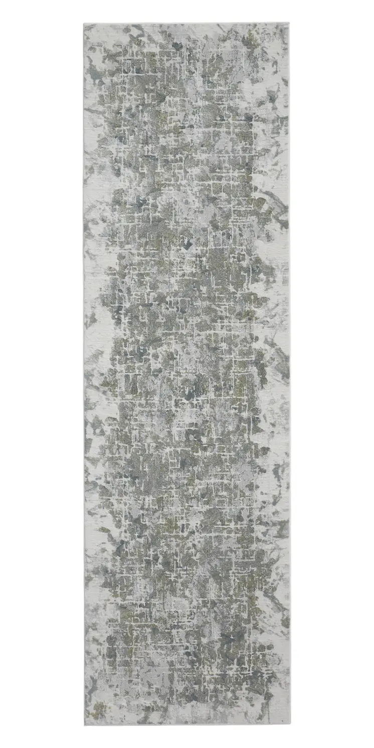 8' Gray and Ivory Abstract Power Loom Worn Faded Runner Rug