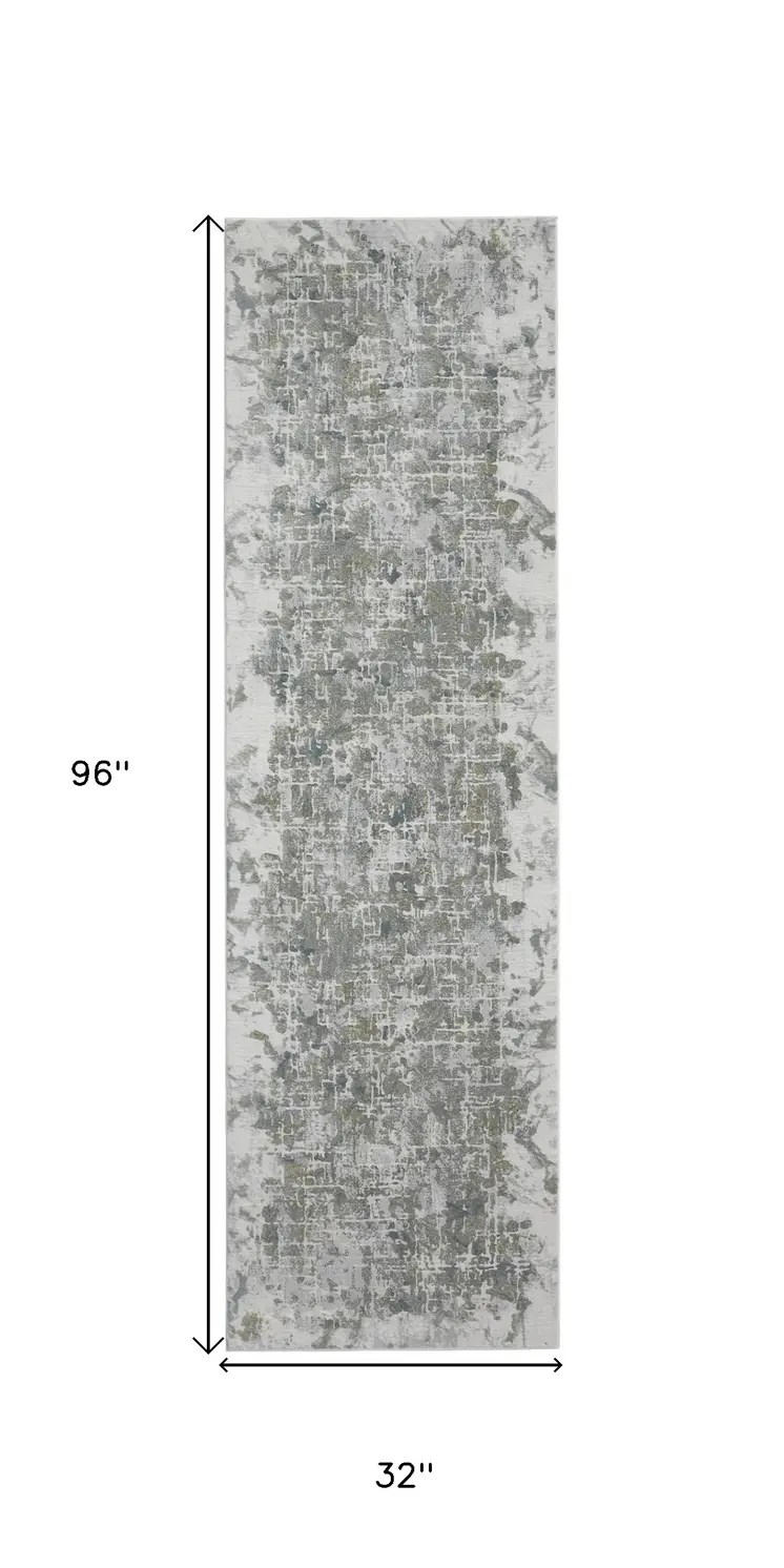 8' Gray and Ivory Abstract Power Loom Worn Faded Runner Rug