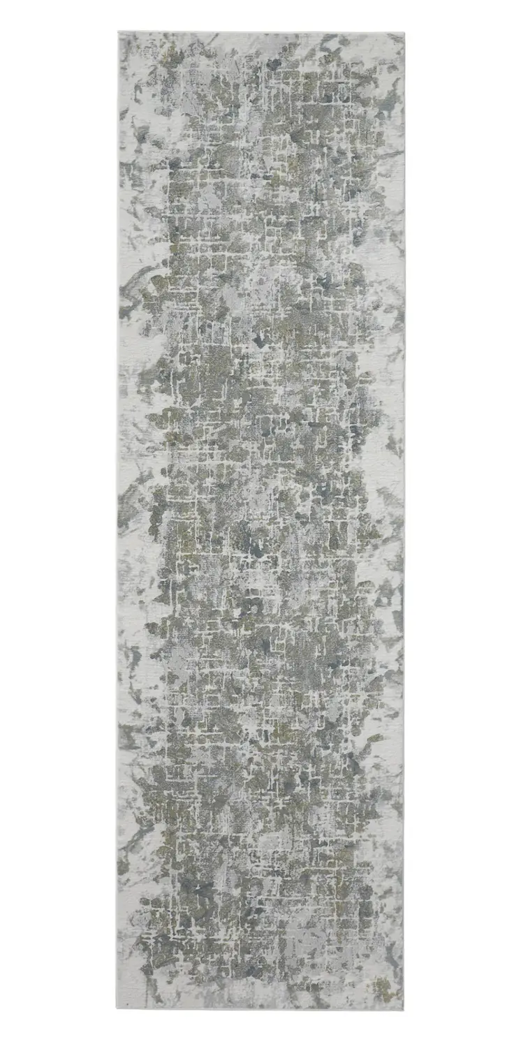 8' Gray and Ivory Abstract Power Loom Worn Faded Runner Rug