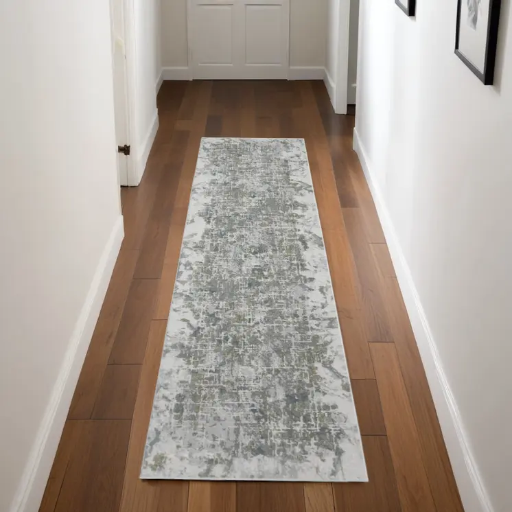 8' Gray and Ivory Abstract Power Loom Worn Faded Runner Rug