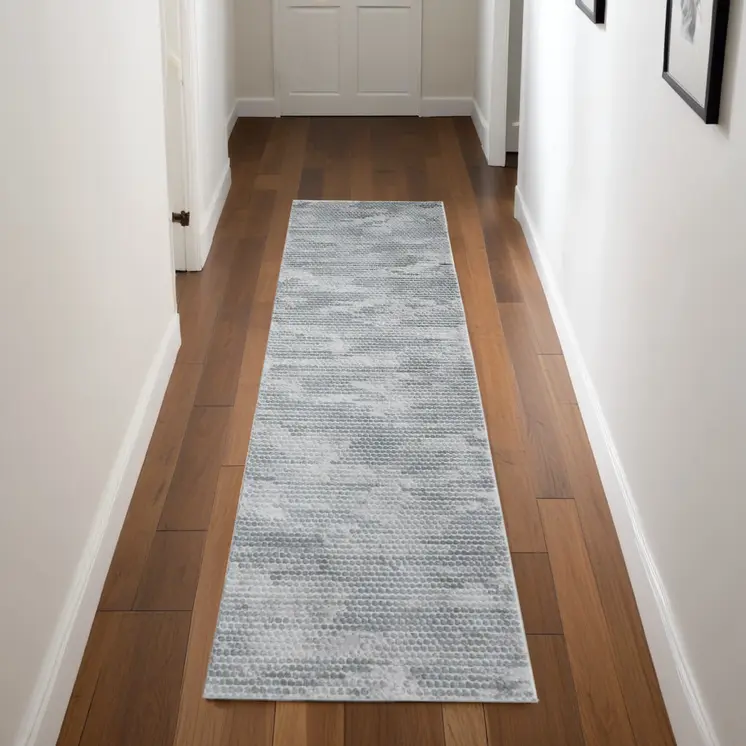 8' Gray and Blue Abstract Power Loom Runner Rug
